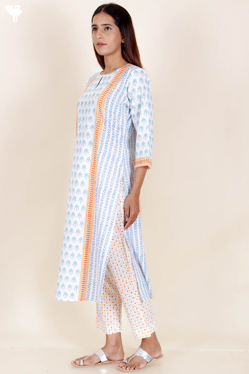 Cotton Kurta Pant And Dupatta Set In Block Print